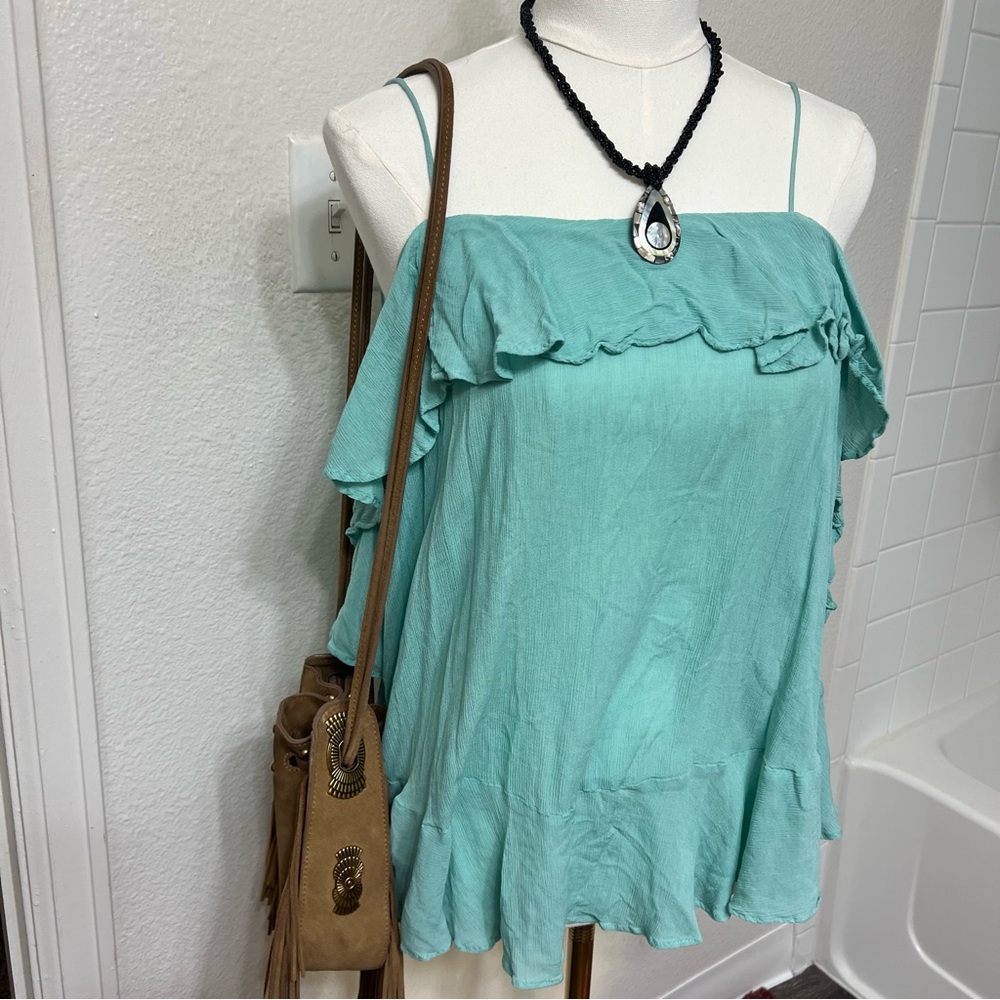 Free People teal aqua turquoise blue tank top boho ruffles beachy summer basic